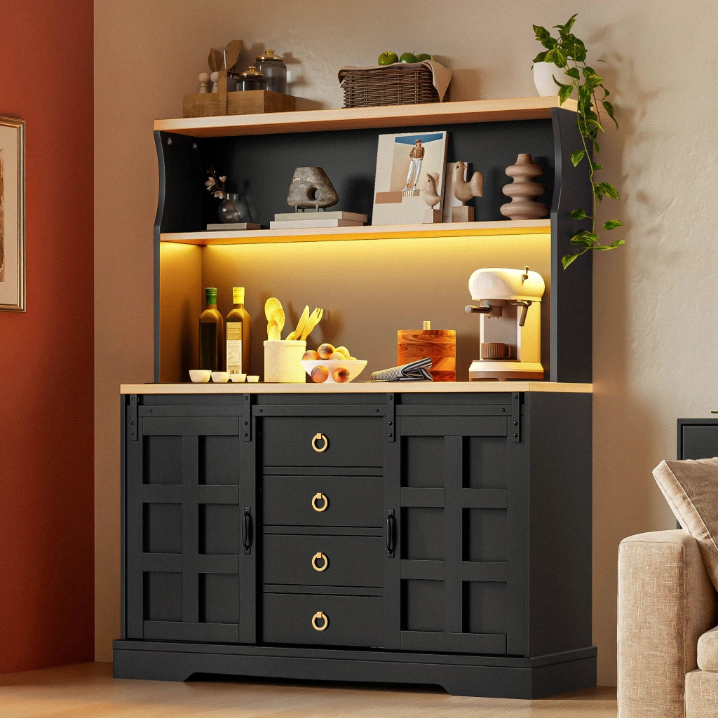 Credenza bar cucina con LED, portabottiglie, prese USB e 4 cassetti, MDF nero