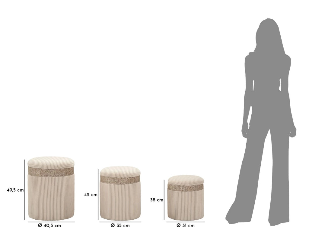 Puff con Contenitore Cortina Crema Set 3 Pz Ø40,5x49,5 cm - Ø35x42 cm - Ø31x38 cm in MDF e Spugna e Poliestere Crema