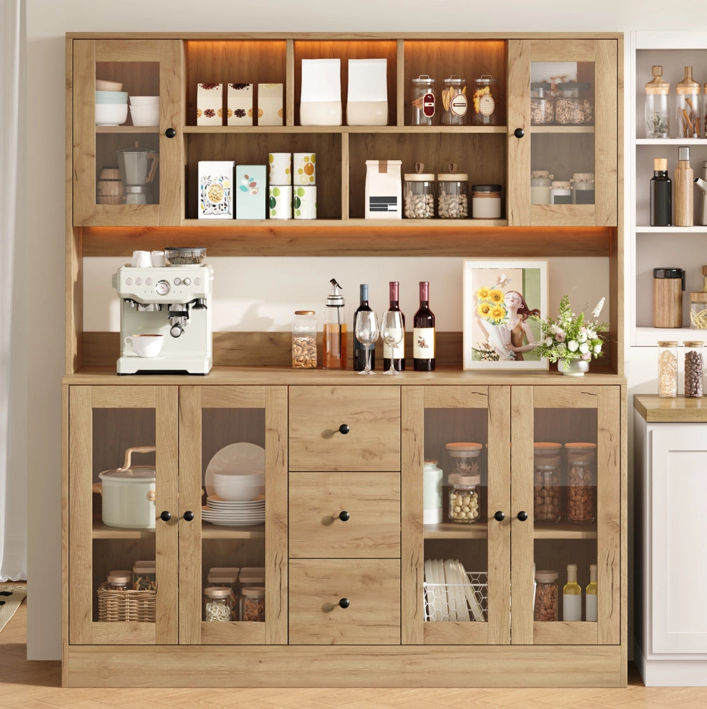 Mobile da cucina 150x40x173 cm con LED RGB, 3 cassetti e prese in MDF naturale