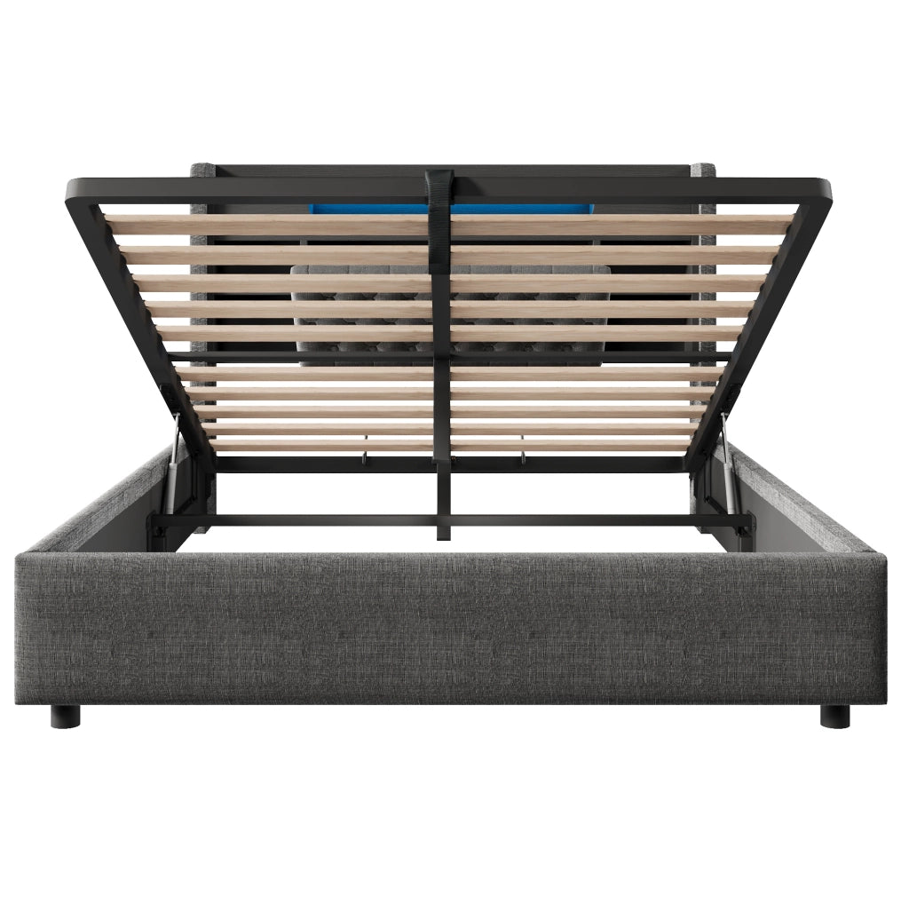 Letto matrimoniale contenitore 140x200 cm in lino grigio con LED; prese USB e USB-C HOMVRA