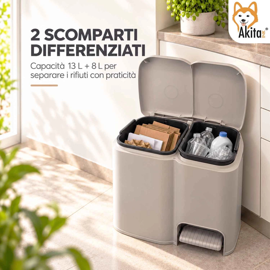 Akitaink Pattumiera Patty 2 a 2 Scomparti 21 L Grigio