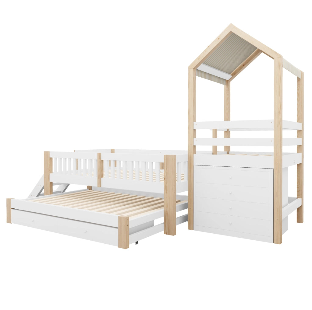Letto a Castello per Bambini 90x200 cm con Letto Estraibile 90x190 cm, Struttura in Legno Massello e Tetto in Tessuto, Bianco e Legno Naturale
