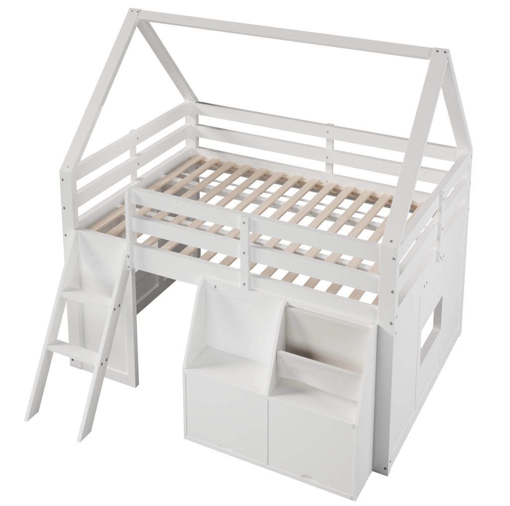 LETTO A SOPPALCO a Casetta 140x200 cm Bianco con Scala, LED e Contenitori