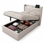 Letto singolo contenitore 90 × 200 cm con testiera USB e USB C in cotone e lino beige con rete a doghe