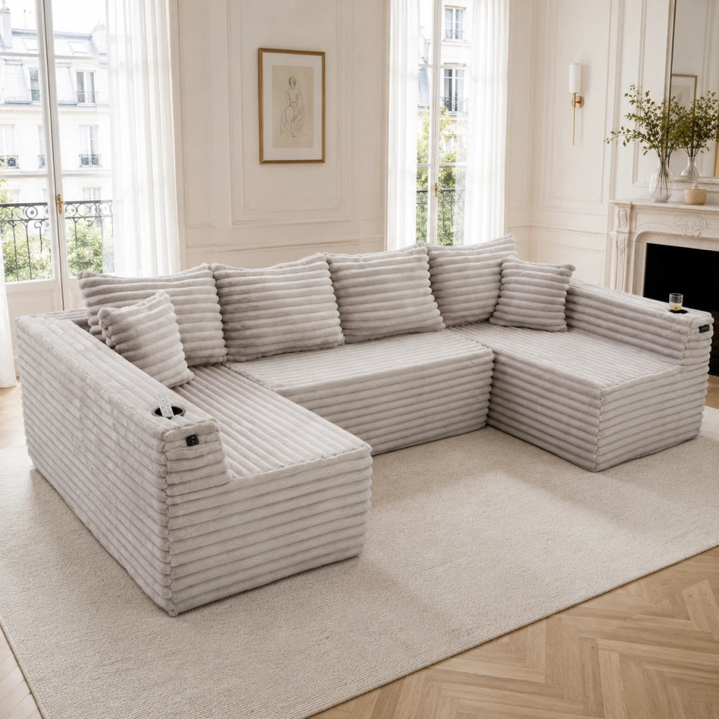 Divano modulare a U in corduroy 320x155x88 cm; grigio chiaro; con portabicchieri e tasca laterale