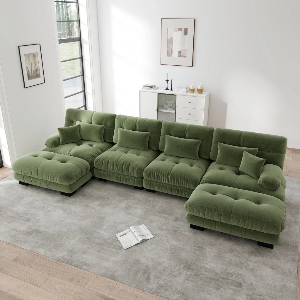 Divano modulare a U 4 posti con ottomane mobili e cuscini lombari, in ciniglia verde, 406 × 145 × 81 cm