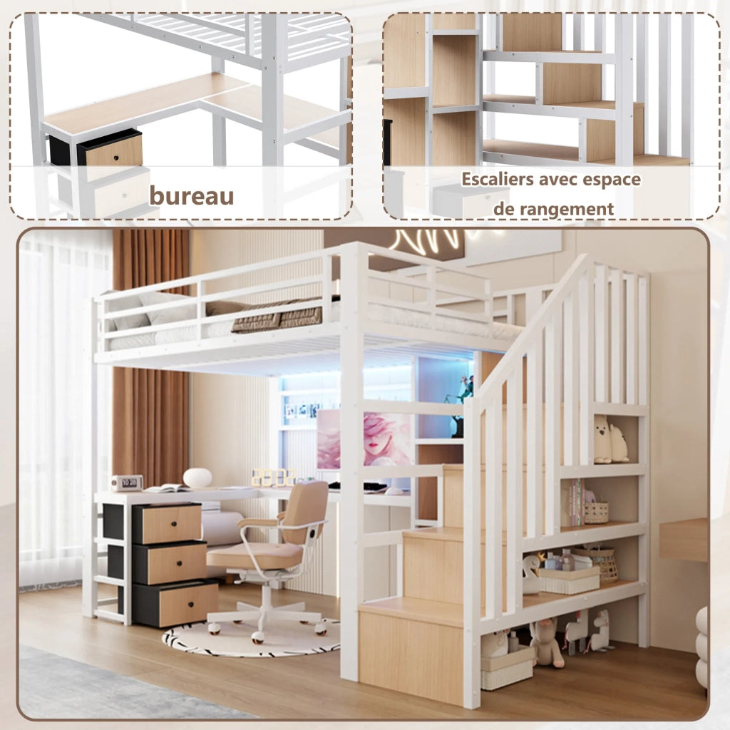 Letto a soppalco bianco 90x200 cm, struttura in ferro, con scrivania, scala contenitore, 4 cassetti, vano portaoggetti, griglia appendiabiti e striscia LED. Senza materasso