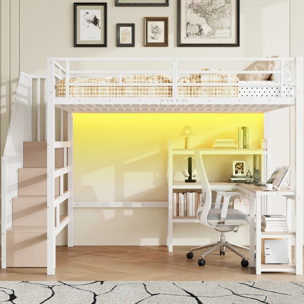 Letto a soppalco in metallo 140x200 cm, bianco, con scala, scrivania integrata, vani portaoggetti, presa USB e luce LED
