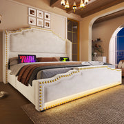 Letto matrimoniale 160 × 200 cm con quattro cassetti LED USB e USB-C in velluto beige con rete a doghe