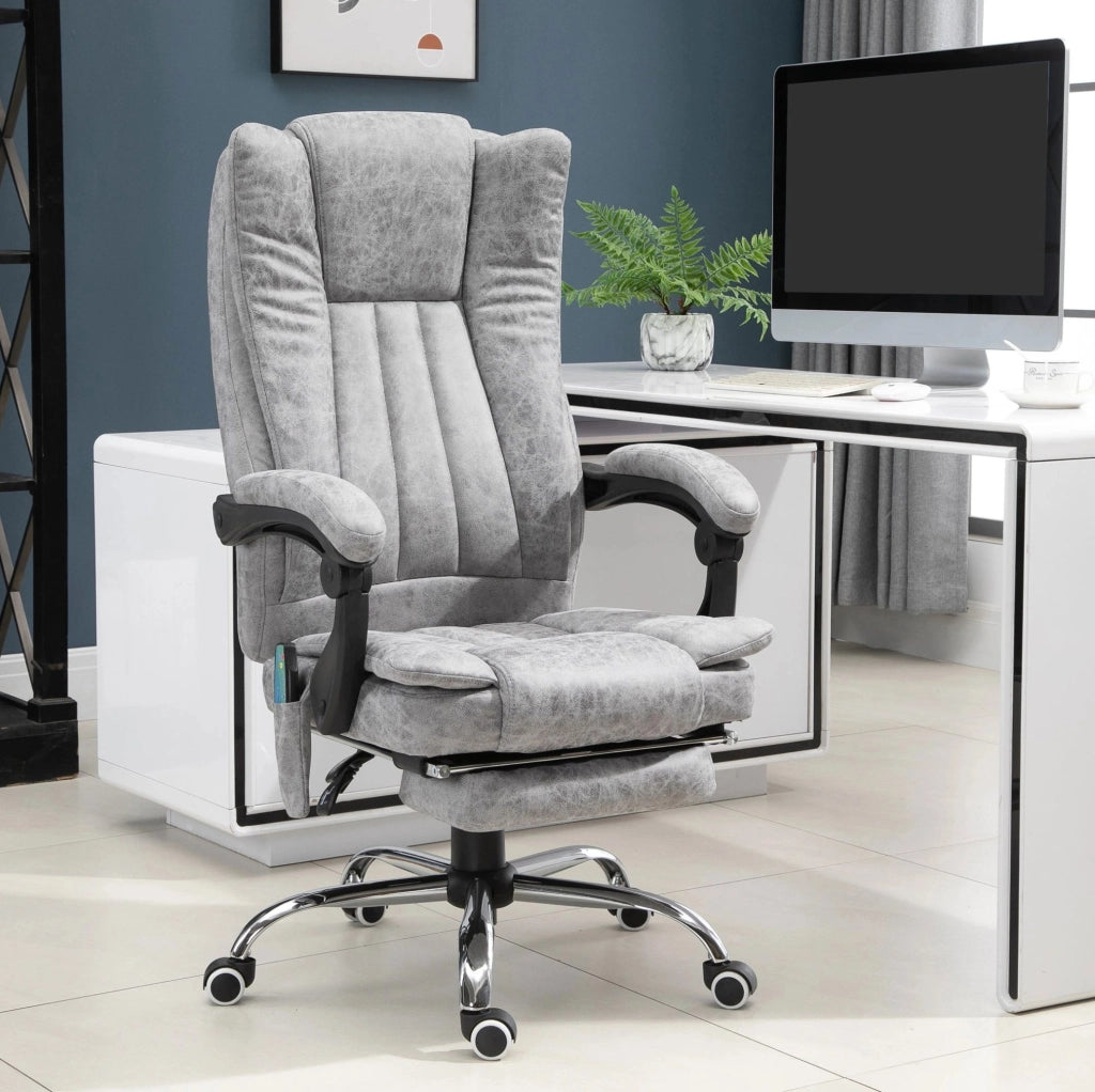 Poltrona da Ufficio con Funzione Massaggio e Riscaldamento, Poggiapiedi e Recliner Regolabile 62x67x113-120 cm Grigia