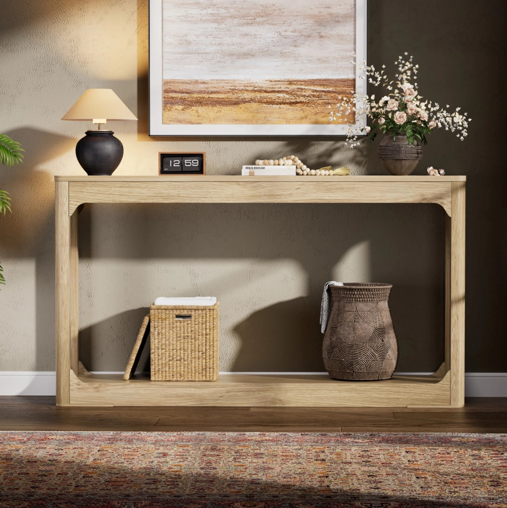 Tavolo consolle stretto 140 cm con ripiani aperti in MDF naturale HOMVRA
