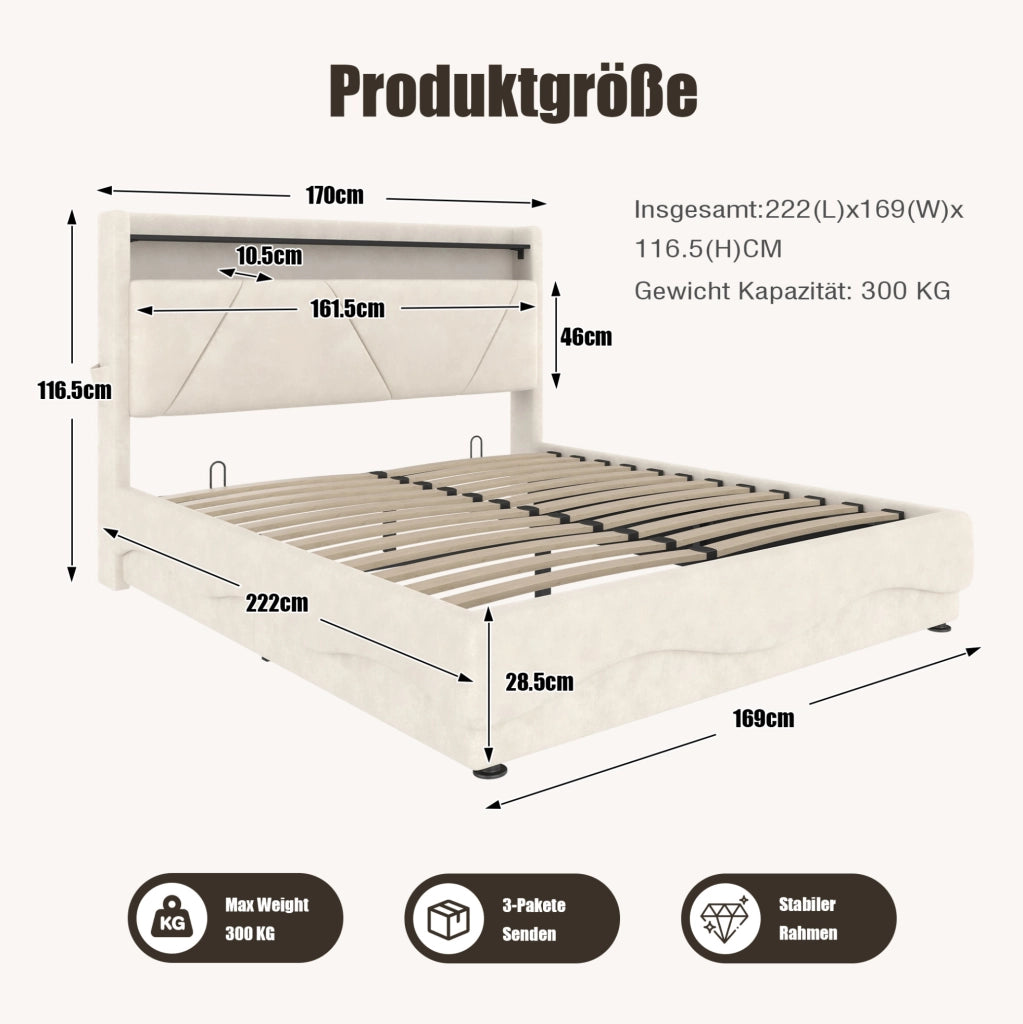 Letto imbottito 140x200 cm beige con LED, USB-C e contenitore