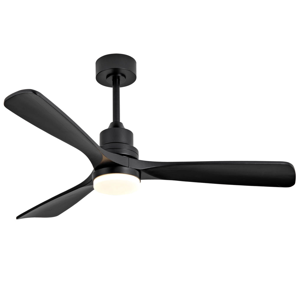 Ventilatore da soffitto 52" in legno massiccio con pale nere, illuminazione LED dimmerabile e telecomando