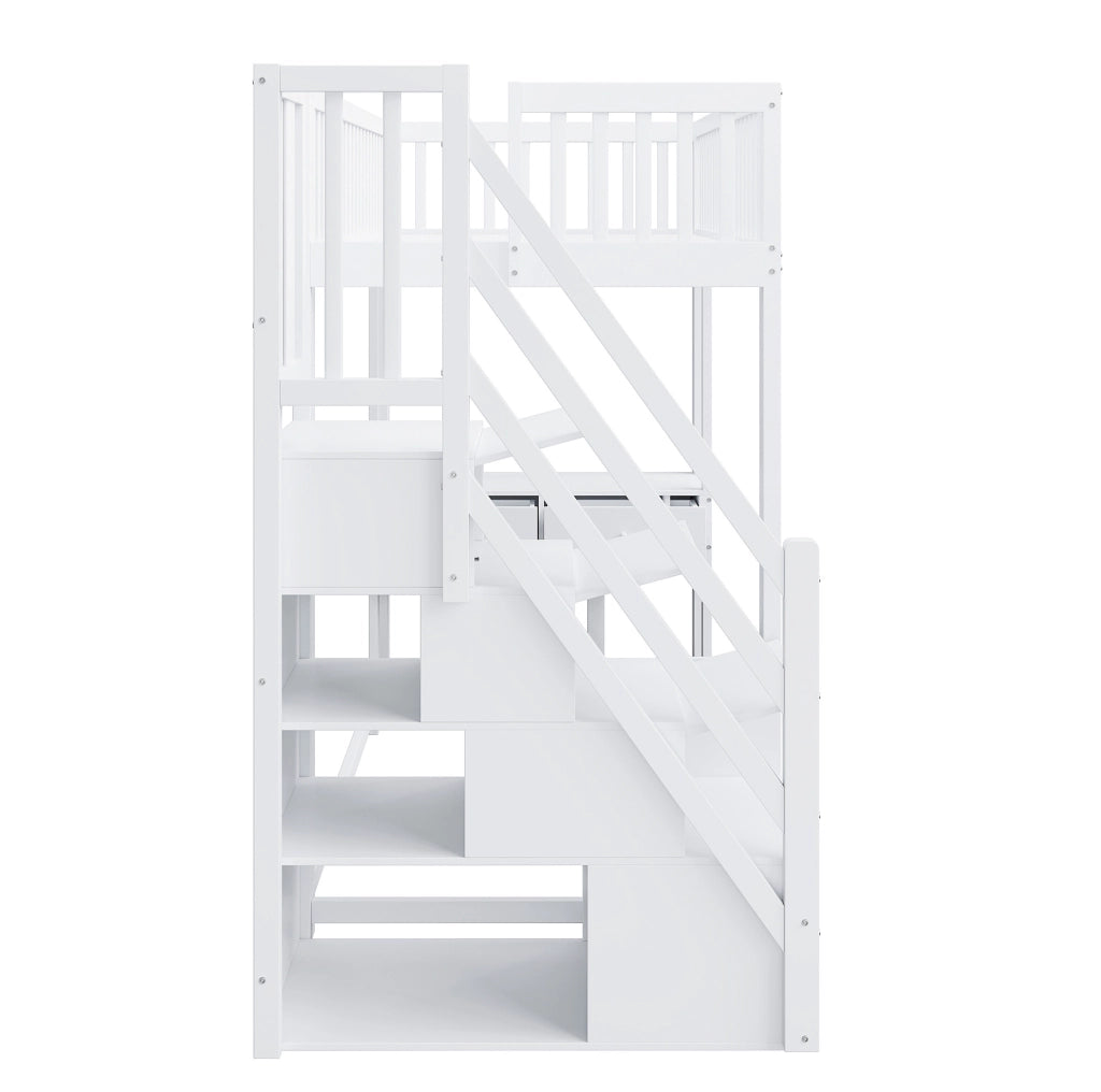 Letto a soppalco 90x200 cm con scrivania multifunzione e scala contenitore in pino massiccio bianco per bambini e ragazzi