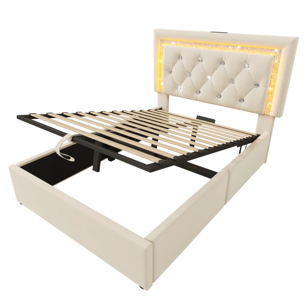 Letto 90x200 cm in velluto beige con LED, USB, Type-C e contenitore idraulico