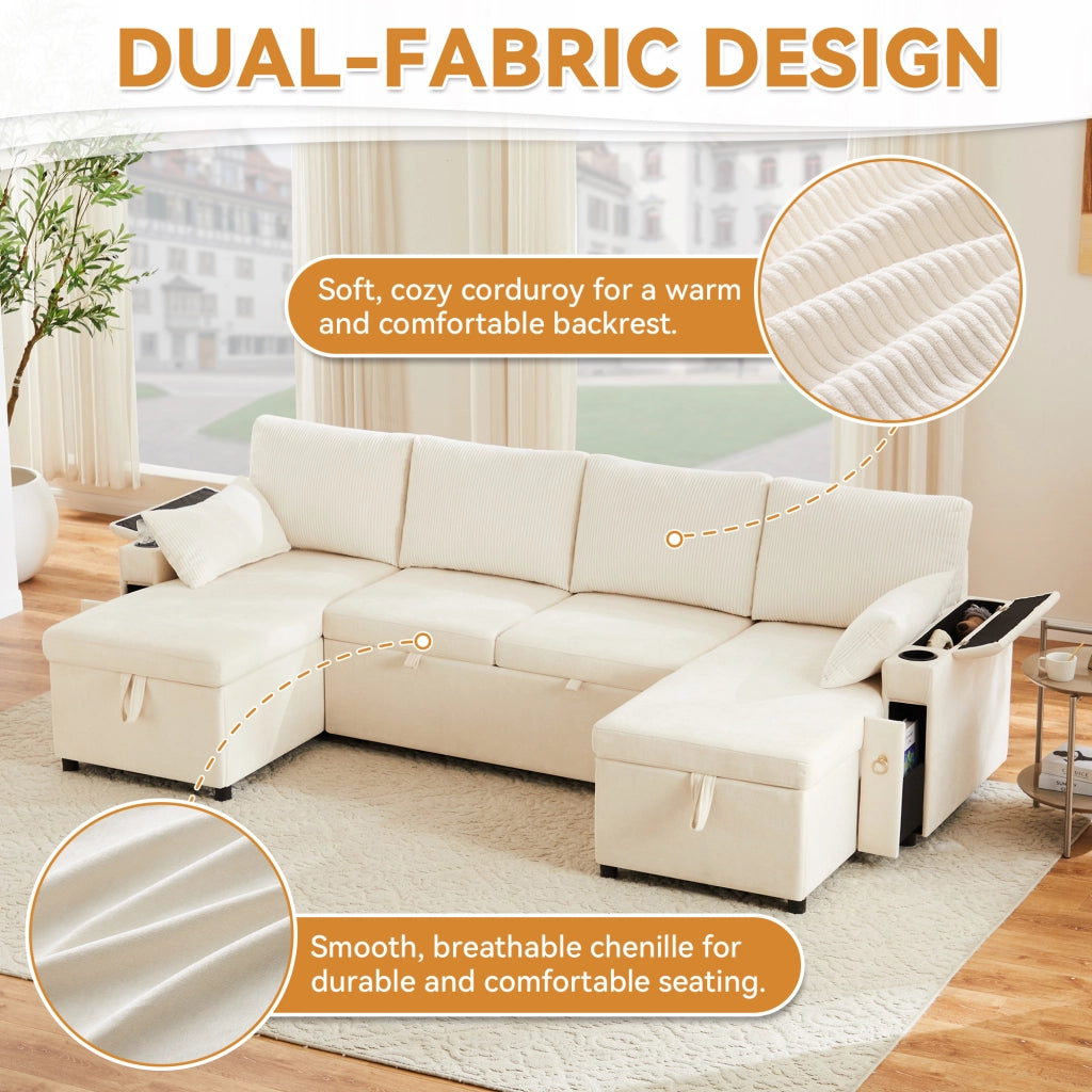 Divano ad angolo convertibile 4 sedili 272 x 131 x 84 cm; U - shape; dormire; tronco; portabicchieri; cuscini; ciniglia; beige