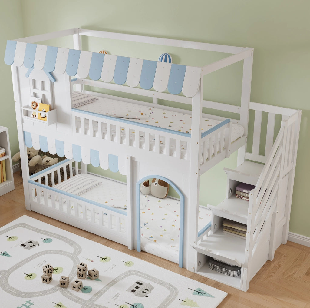 Letto a castello per bambini 90x200 cm con scala contenitore e sponde; bianco e blu