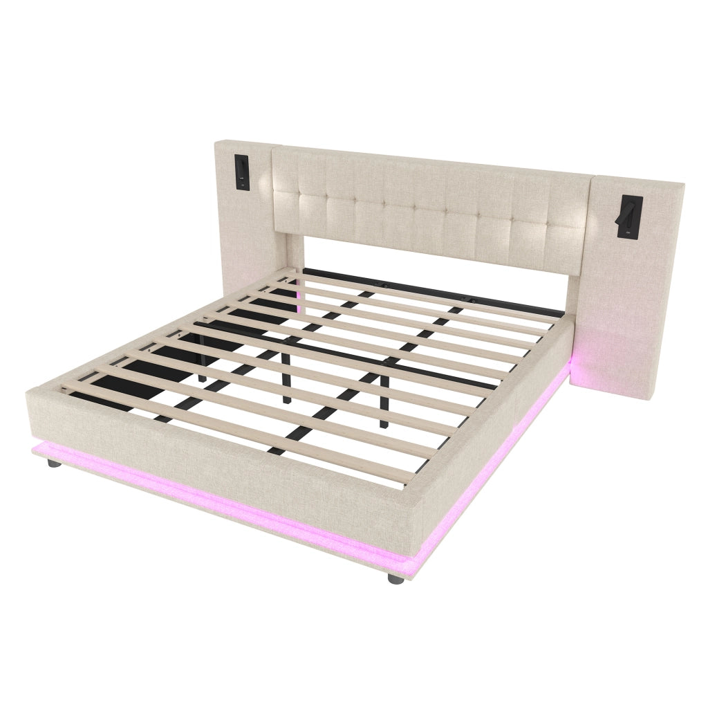 Letto matrimoniale 180x200 cm in lino beige con LED e USB, senza materasso