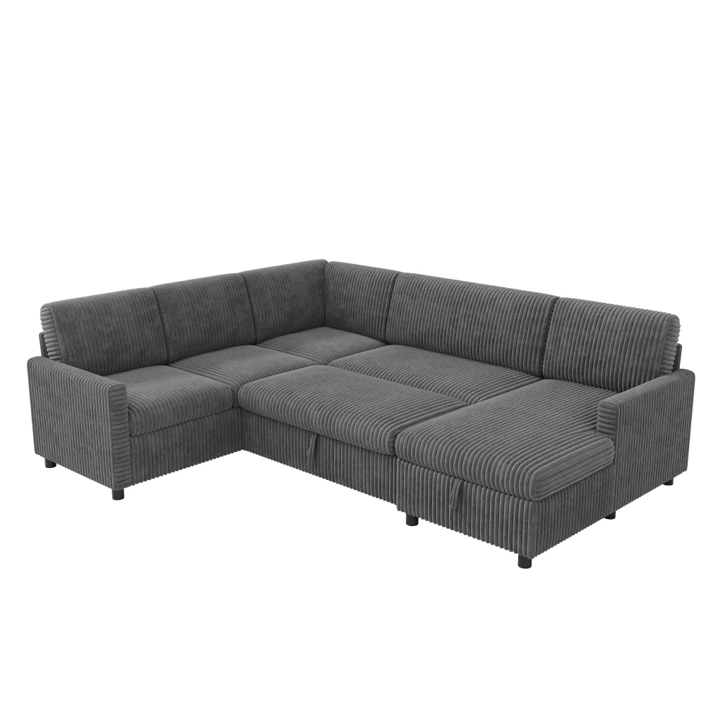 Divano panoramico a U con funzione letto estraibile e vano contenitore, in velluto a coste grigio, 274 × 220 × 85 cm