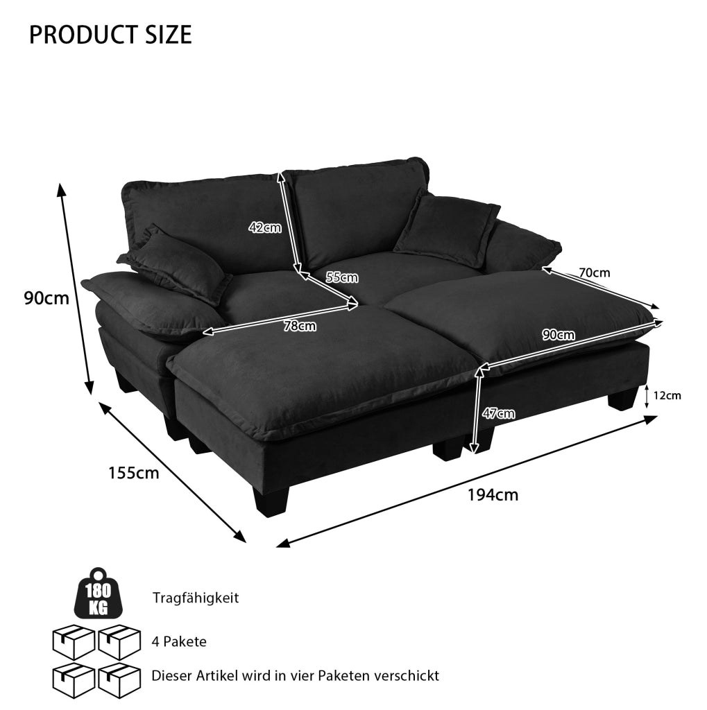 Divano angolare modulare 194x155x90 cm in ciniglia nera con 2 pouf