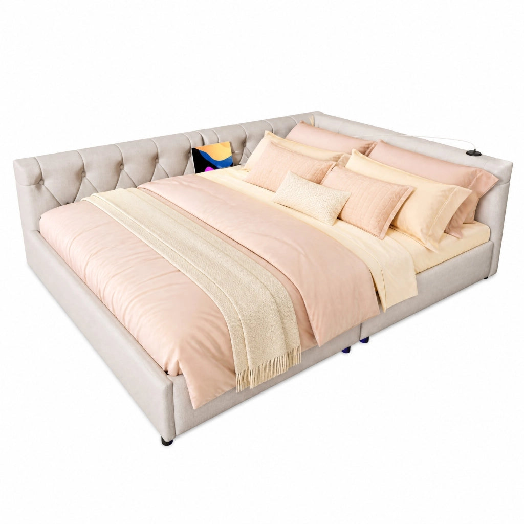 Divano letto 140x200 cm in lino con LED; USB e Type-C; beige