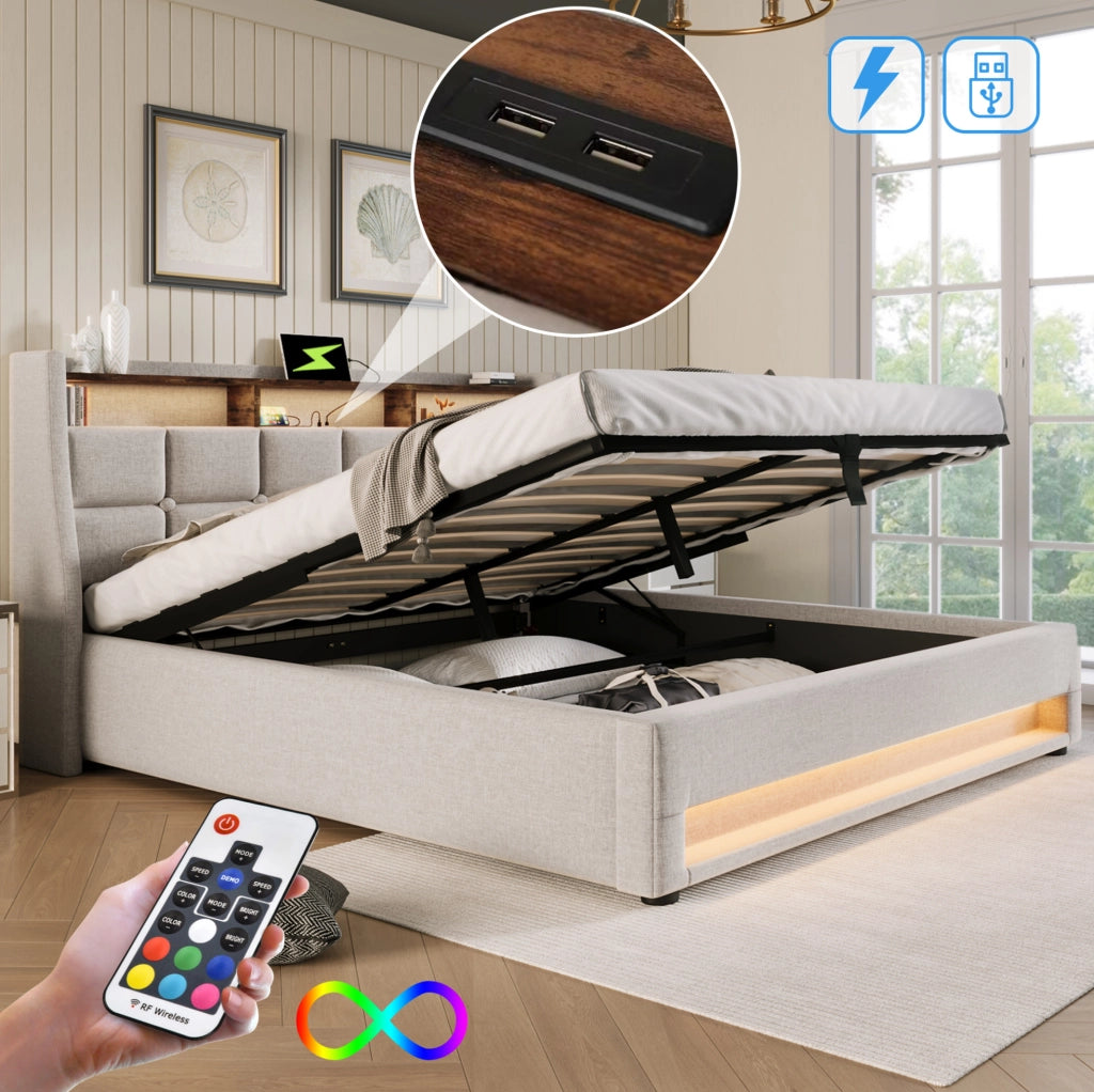 Letto imbottito 140x200 cm con LED, USB e contenitore