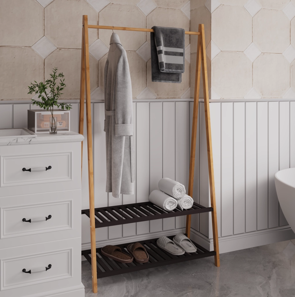 Appendiabiti in bamboo con 2 ripiani e barra per abiti, stand salvaspazio per ingresso e camera da letto