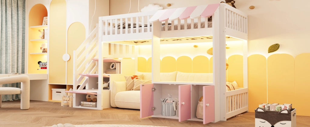 Letto a soppalco singolo 90 × 200 cm con scala contenitore in legno rosa e bianco con luci multicolore