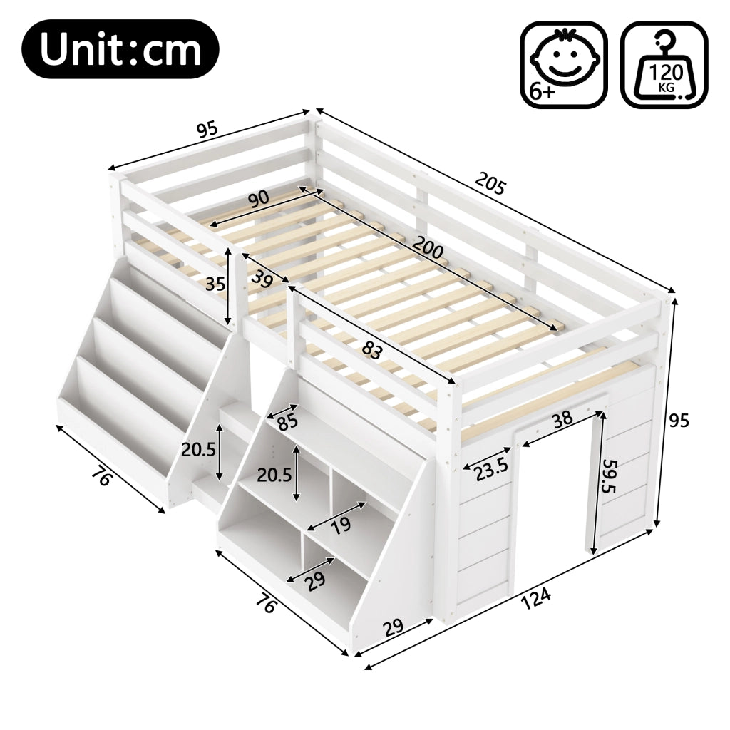Letto a soppalco 90 ¡Á 200 cm con 4 cassetti scala con ripiani e illuminazione LED bianco
