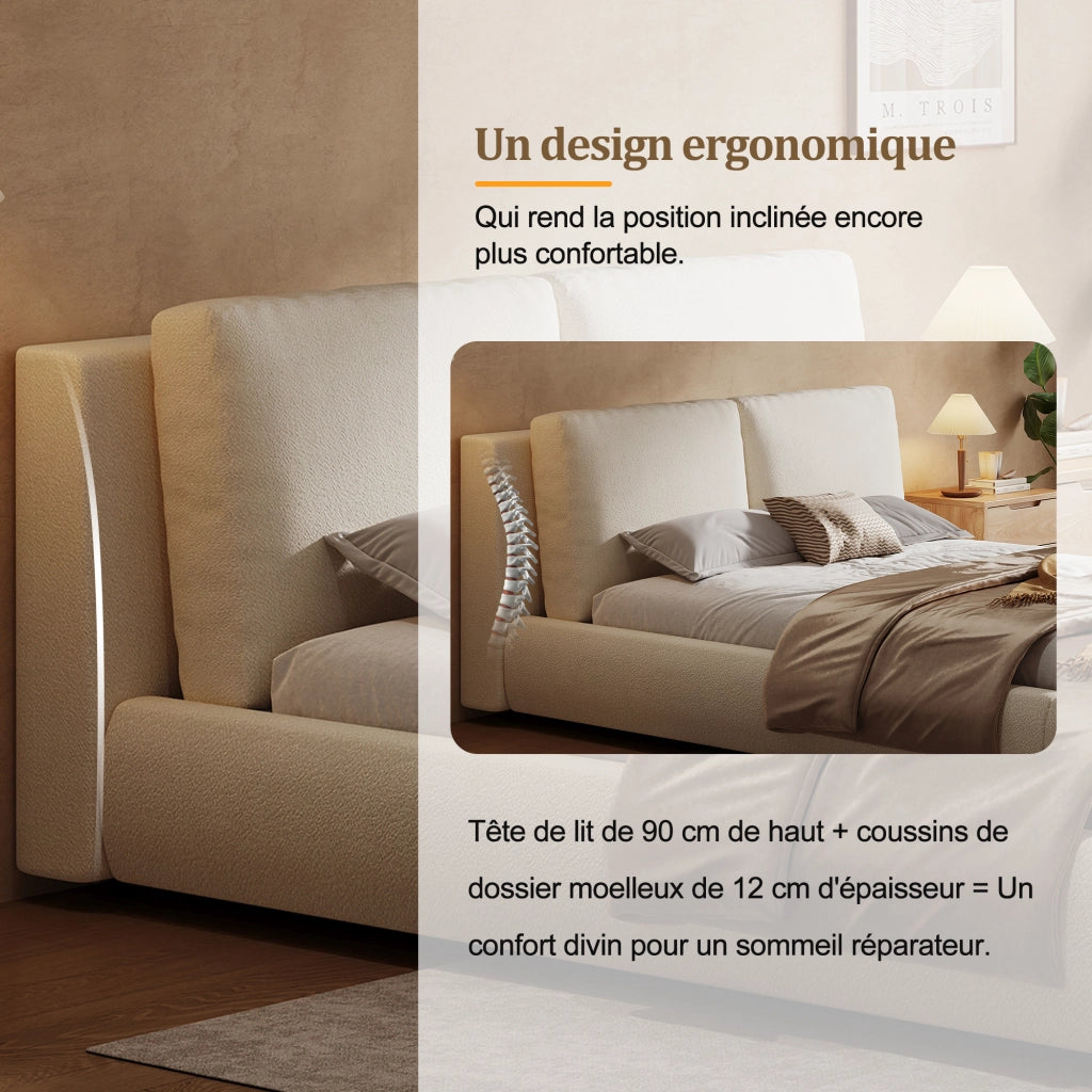Letto contenitore imbottito con testiera in bouclé beige; rete a doghe inclusa e vano sottoletto
