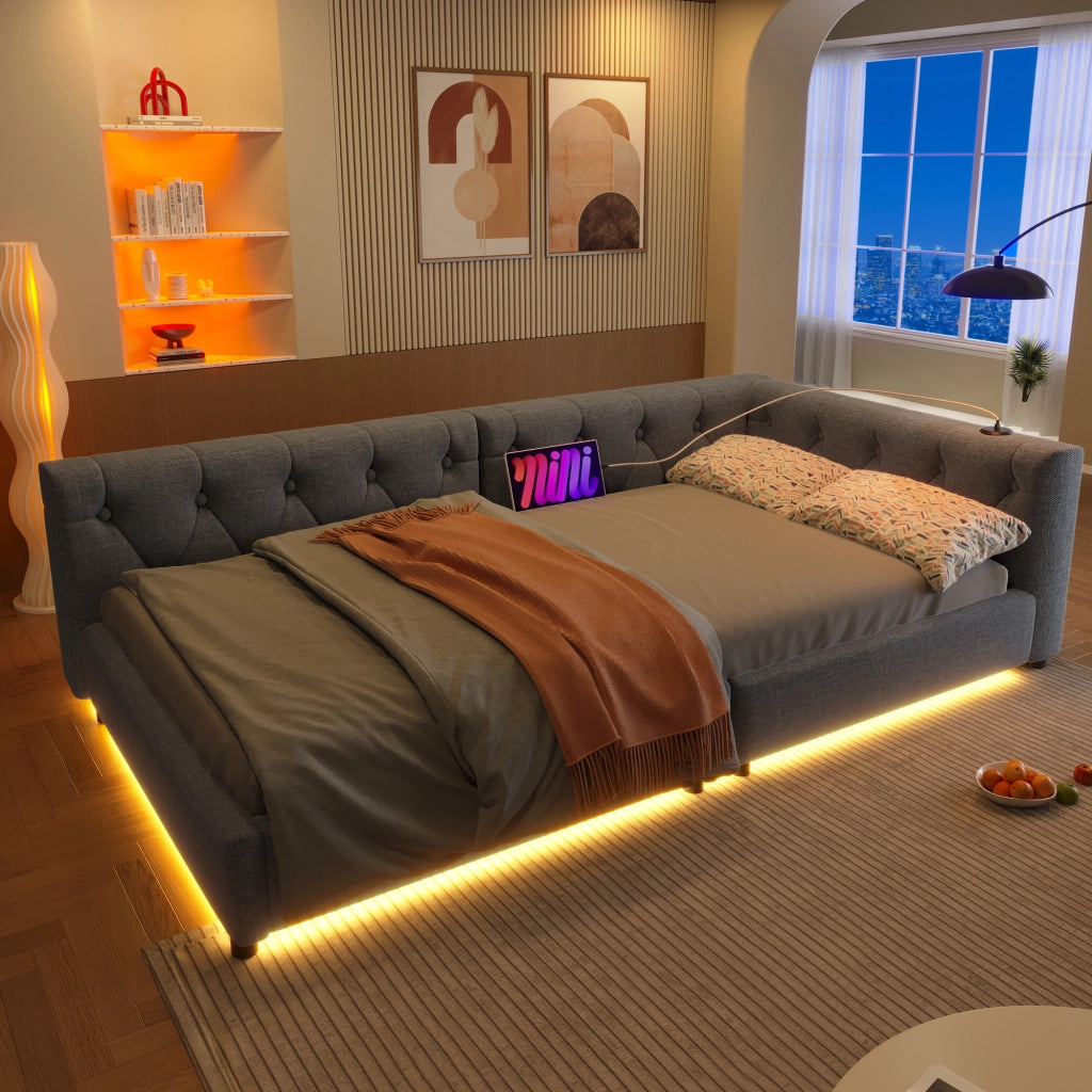 Daybed Imbottito 90x200 cm con LED; USB; USB-C; Grigio