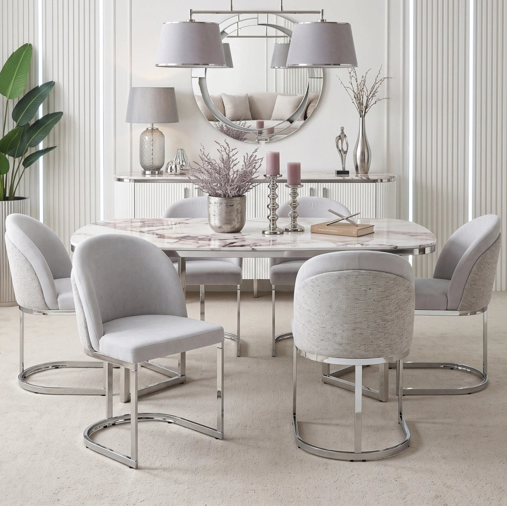 Set di 4 sedie da pranzo in ciniglia grigio e argento
