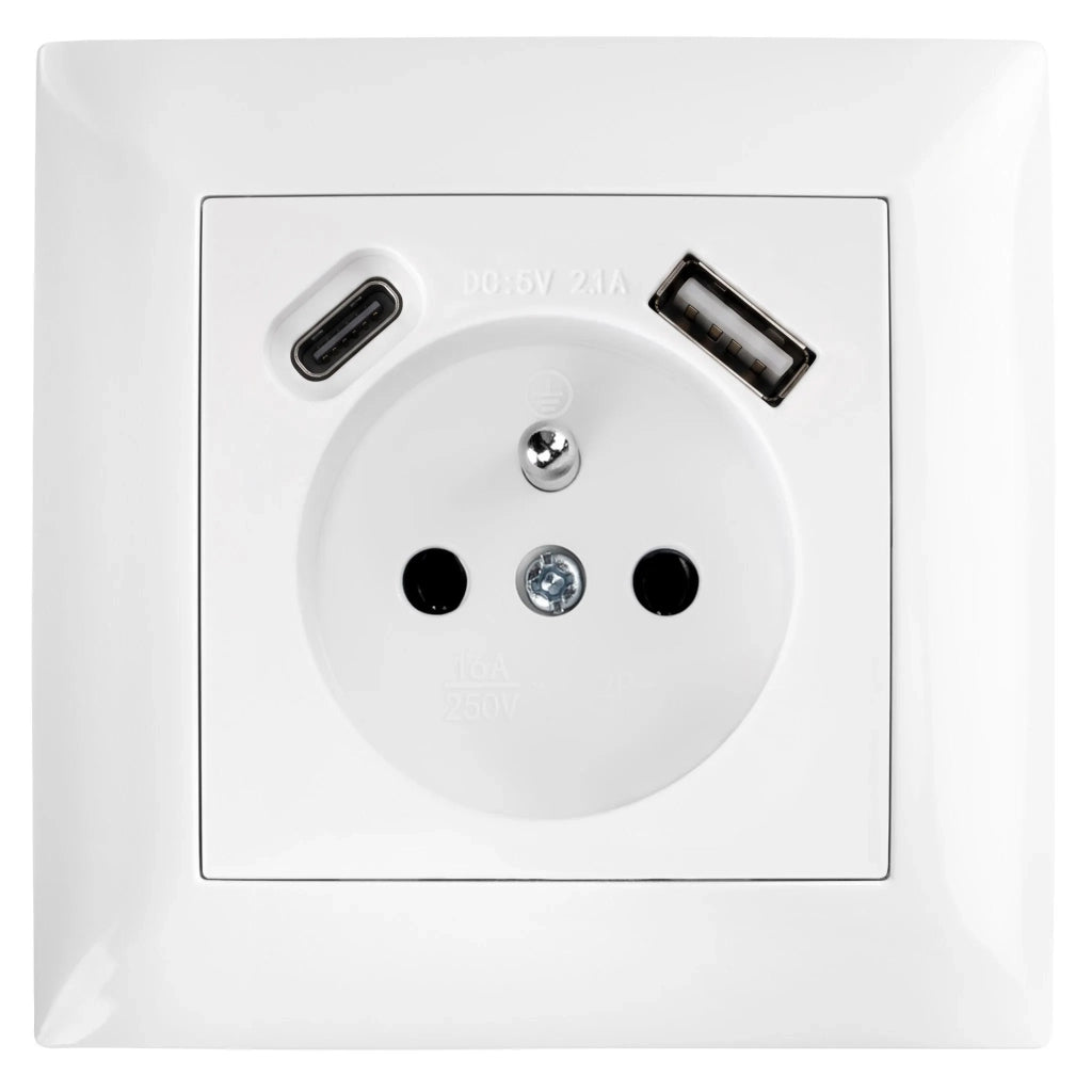 Presa Singola Con Messa A Terra + Usb-a Usb-c Oste Jnh004-g White