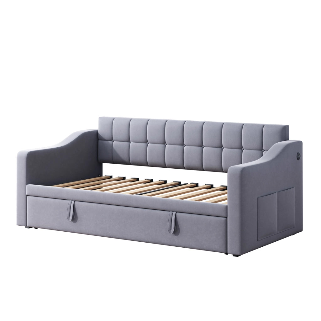 Letto divano estraibile 90×190 e 180×190 cm; 2 posti con porte USB sui braccioli; senza materasso; velluto grigio