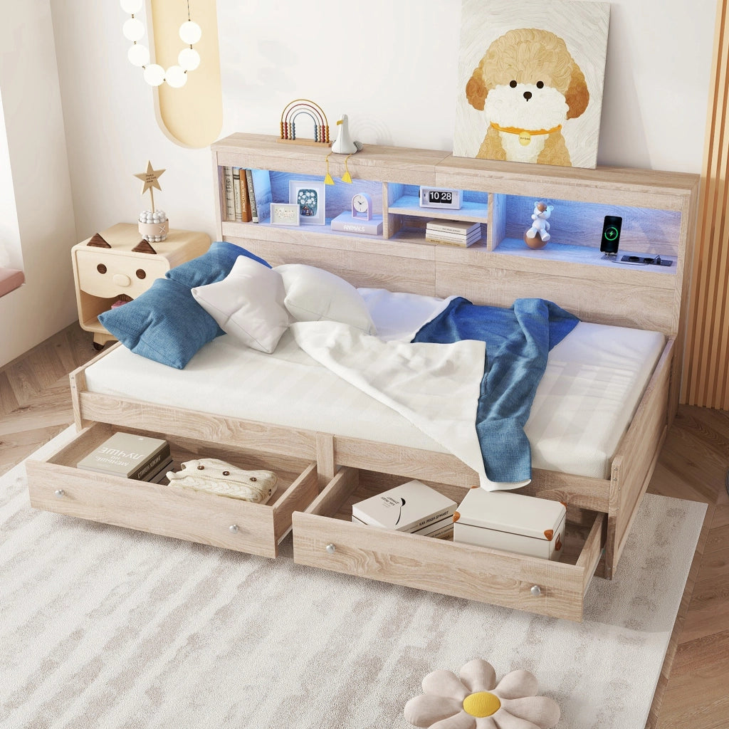Letto singolo 90×200 cm con LED; USB; 2 cassetti e vani; rete inclusa; senza materasso; naturale