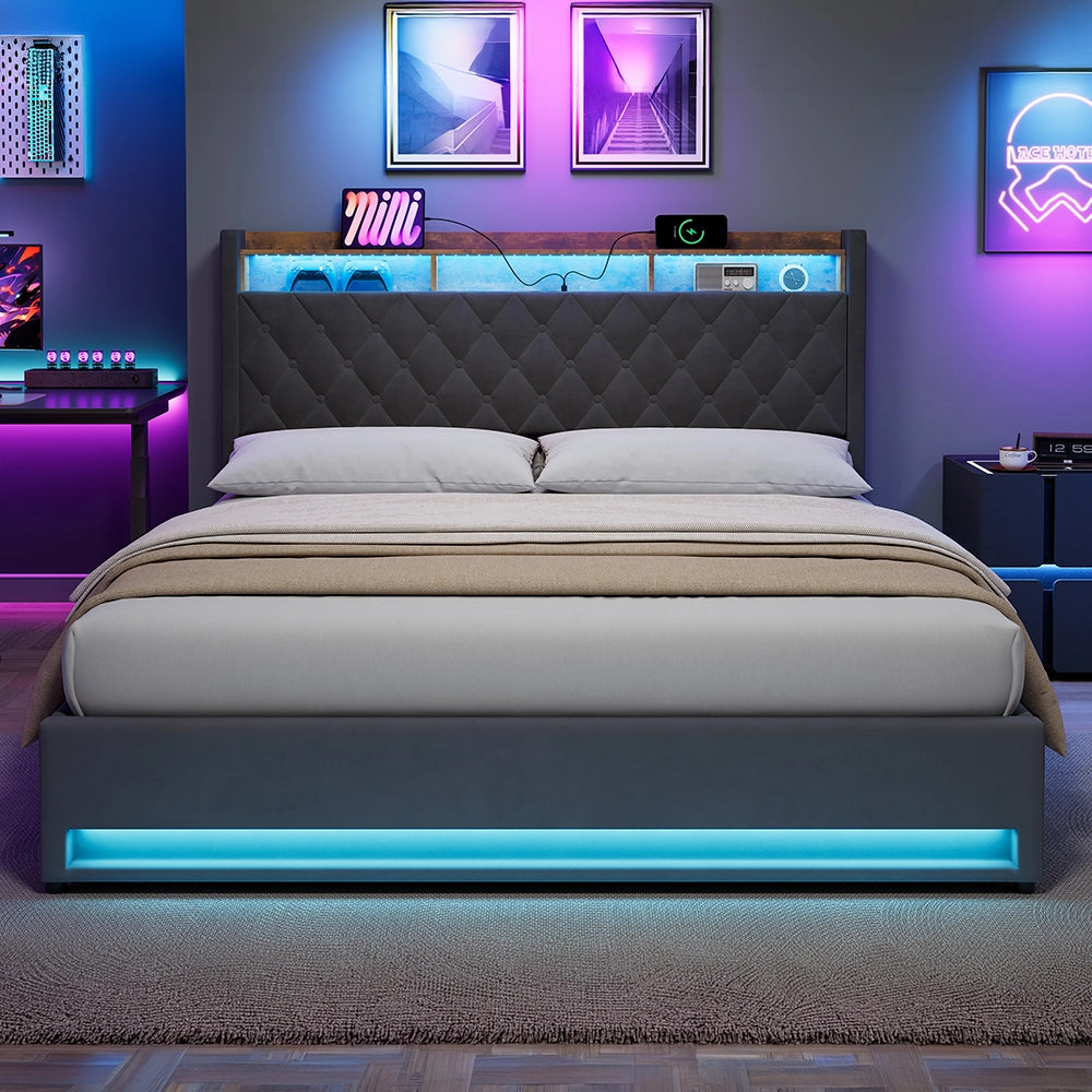 Letto contenitore 180x200 cm; LED RGB; porta USB; testiera imbottita; vano contenitore; mensola; velluto grigio; materasso escluso