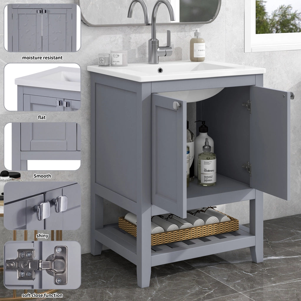 Mobile bagno con lavabo in ceramica e base contenitore 60 cm, grigio chiaro