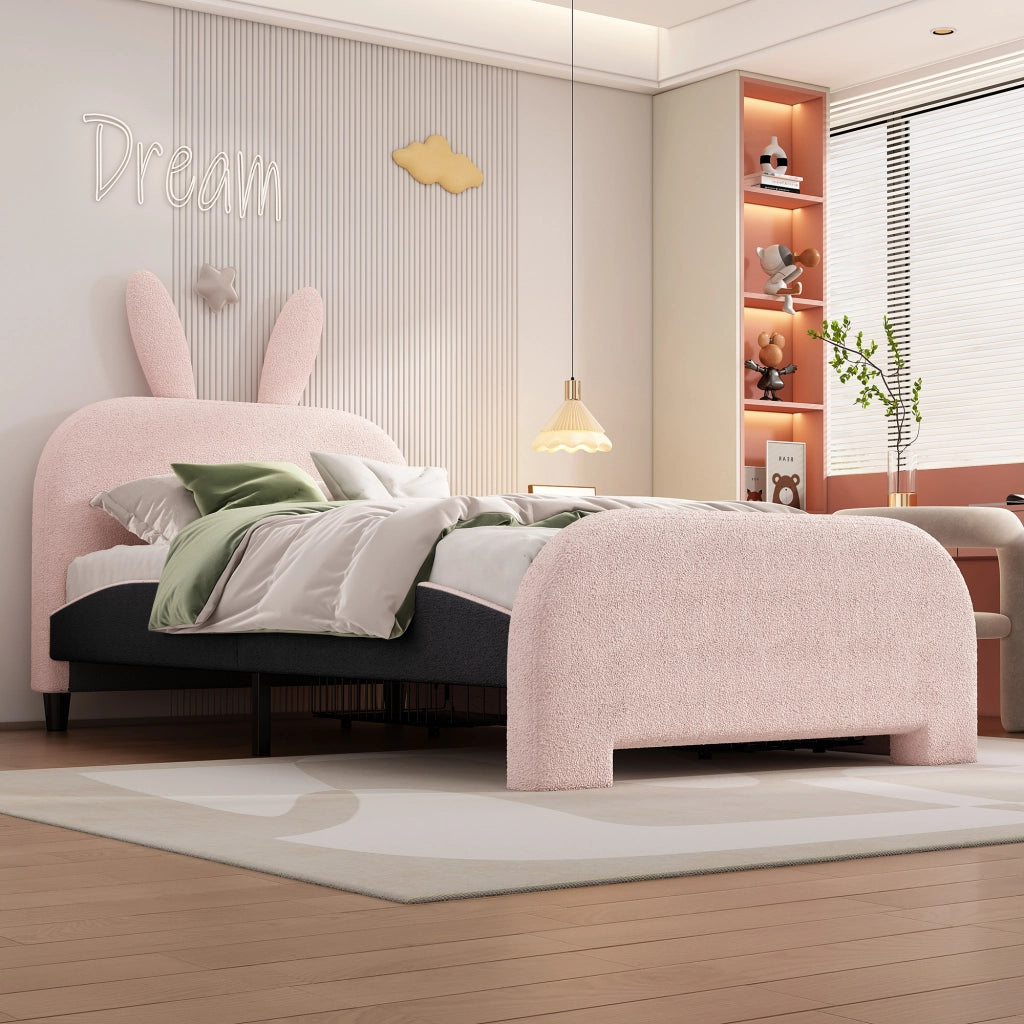 Letto con cassetti 90 × 200 cm con testiera imbottita a coniglio in peluche e MDF rosa con rete a doghe