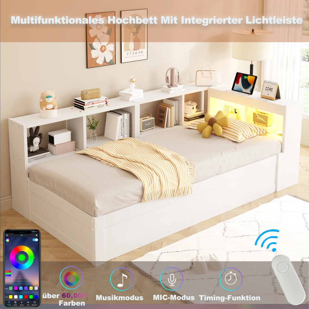 Letto singolo multifunzione 90 × 200 cm con vano contenitore legno bianco presa integrata e luce LED