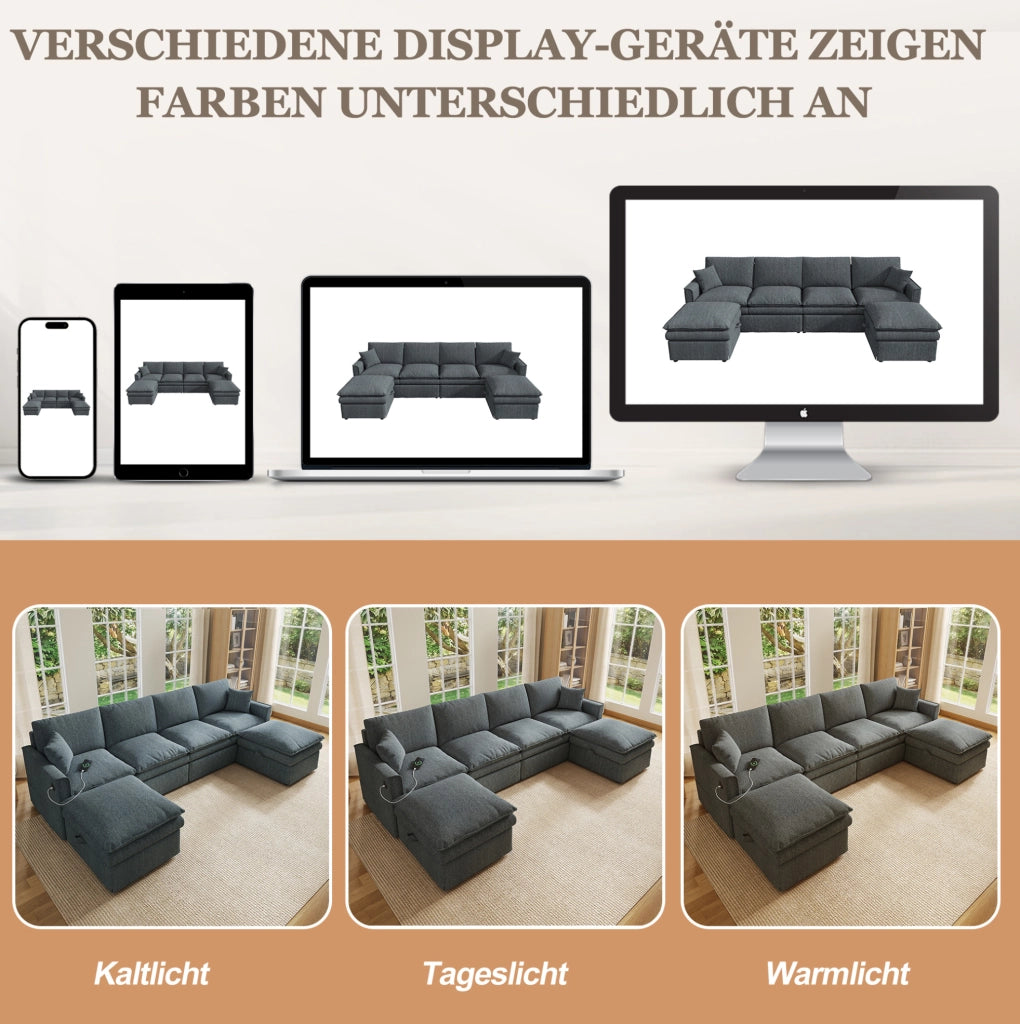 Divano angolare modulare a U/L da 6 posti con due pouf mobili contenitore, tessuto cotone-lino grigio, 277×80×135 cm