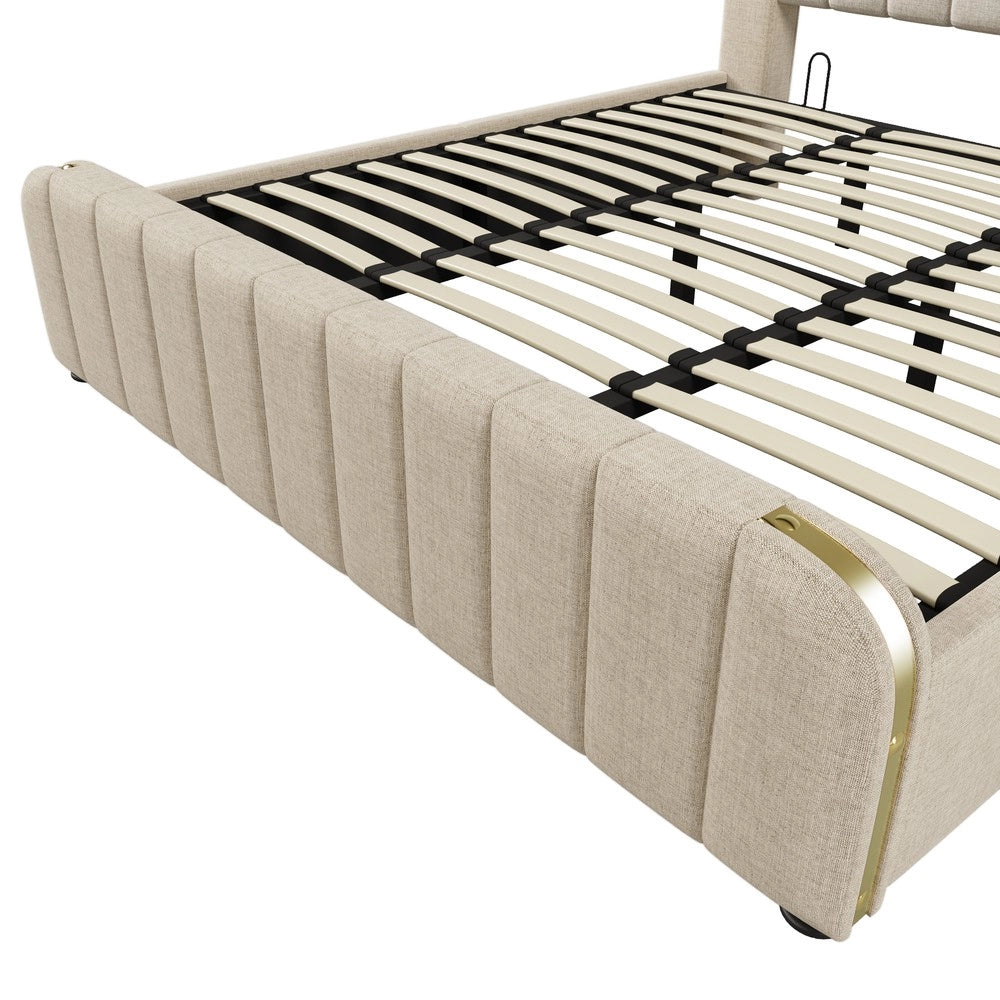 Letto Contenitore Imbottito con Materasso ¨C MINIMAL ¨C Beige, Idraulico, USB, 180x200