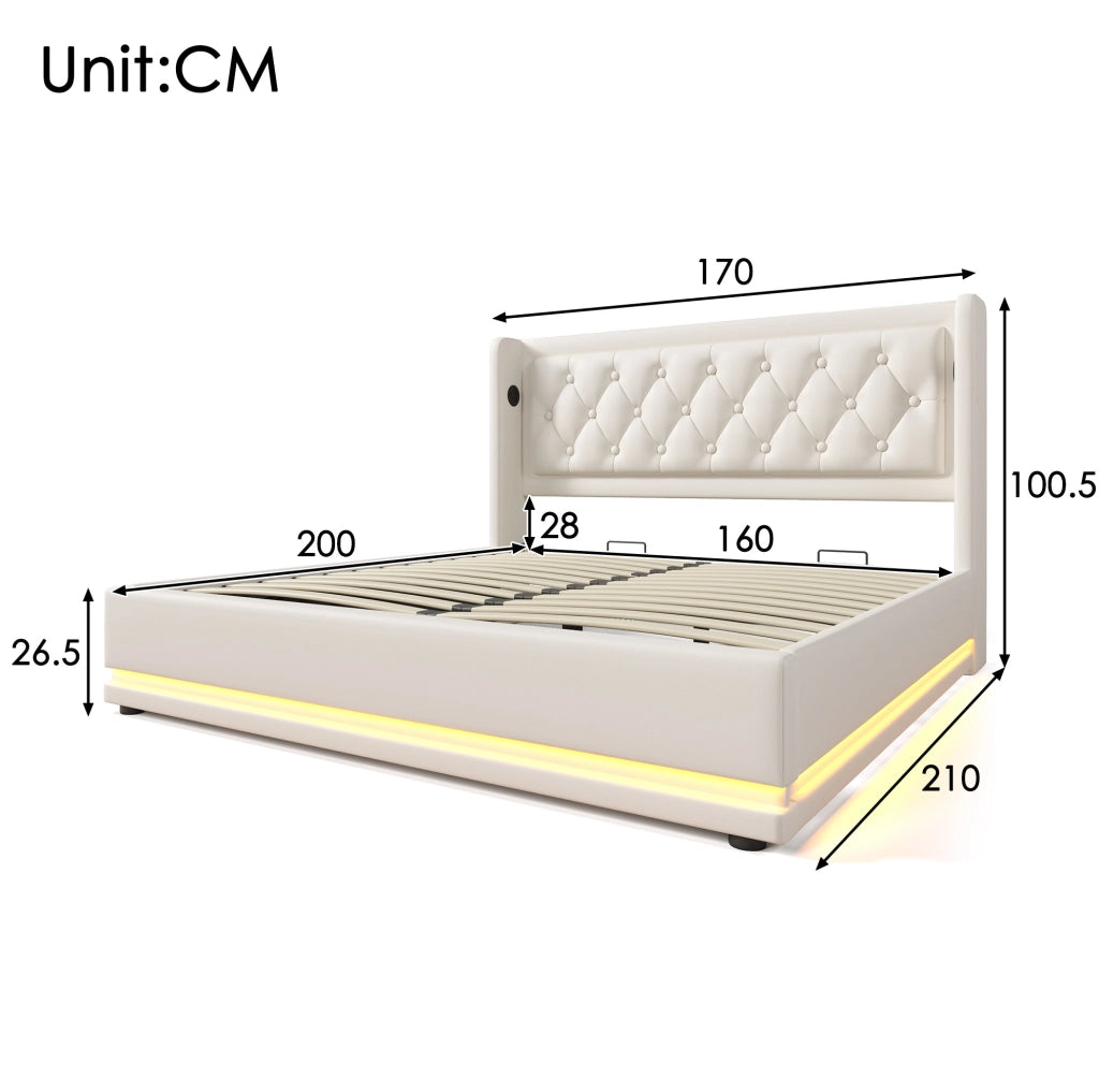 Letto matrimoniale 160x200 cm con contenitore; LED e USB-C; in PU bianco