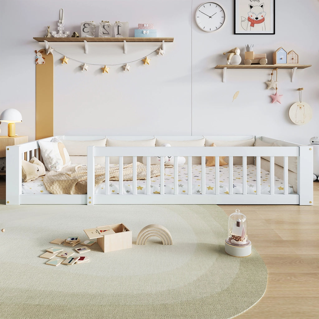 Letto a piattaforma 90x200 cm con sponde e cuscini; bianco; in pino massello e MDF