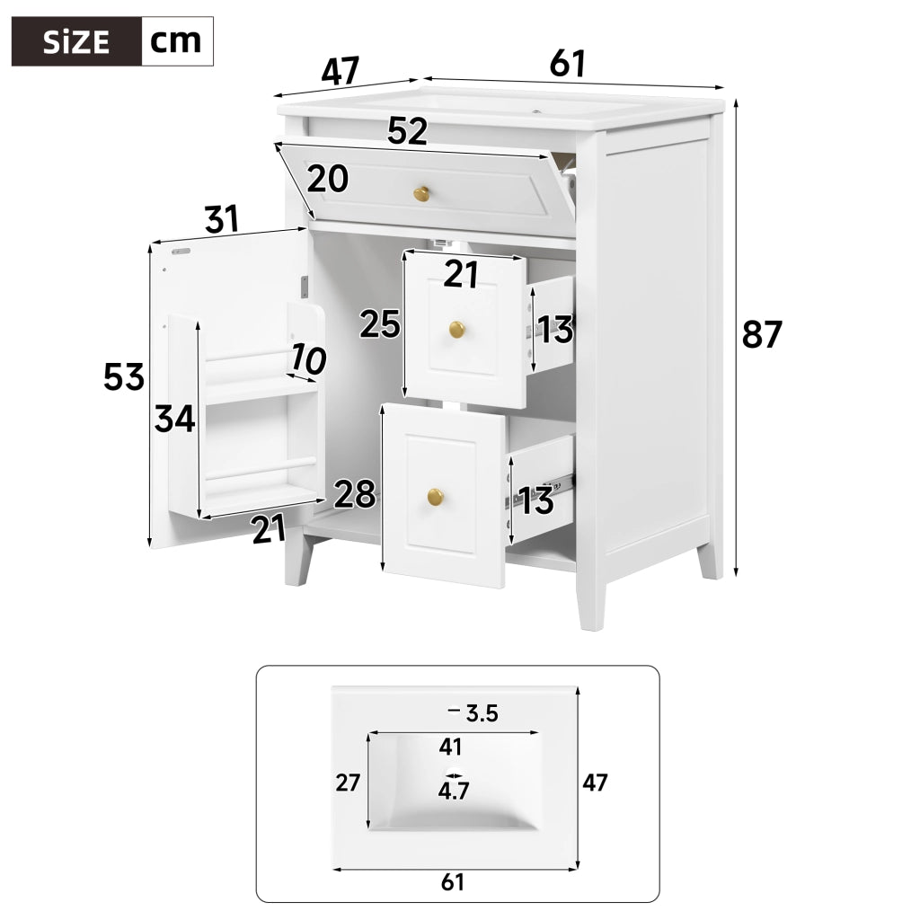 Mobile lavabo da terra 61 cm bianco lucido con lavabo in ceramica e maniglie dorate