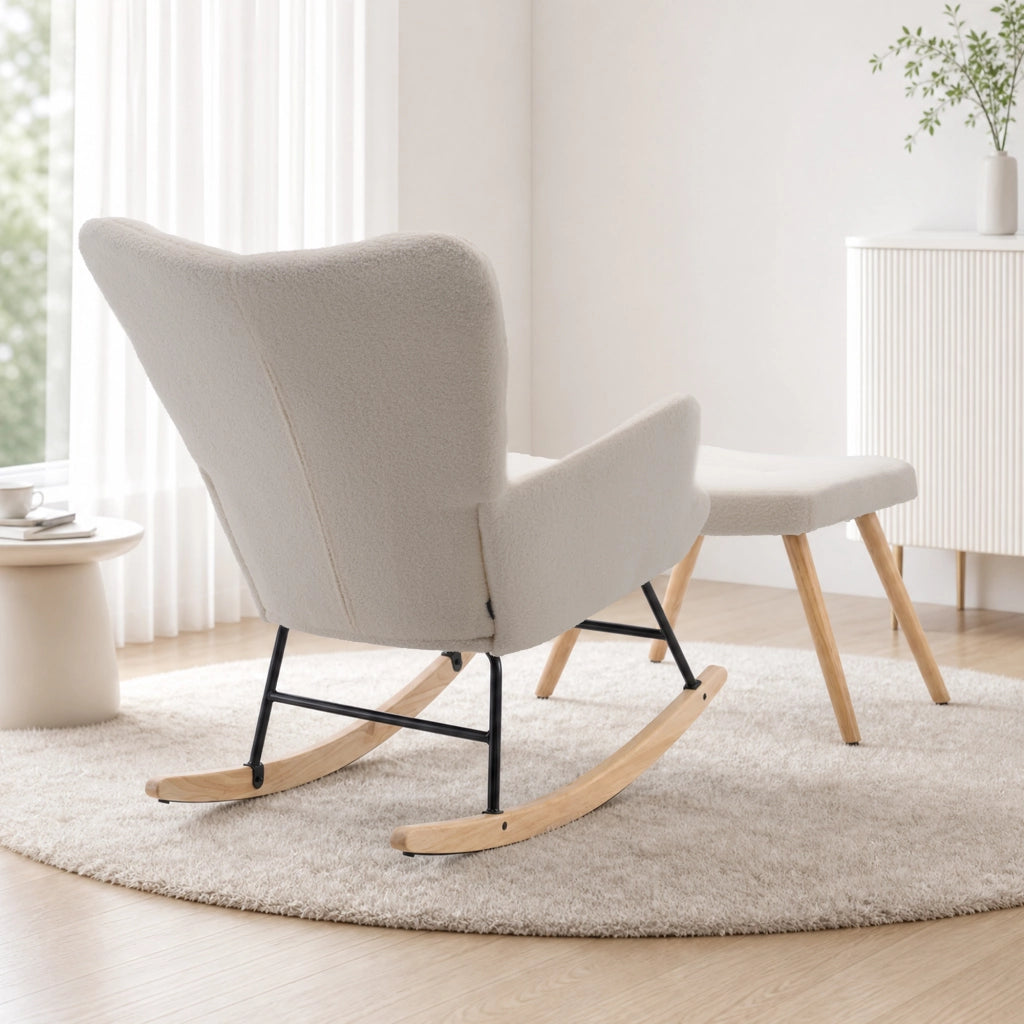 Sedia a dondolo 91x61x88 cm con poggiapiedi in lana d'agnello beige