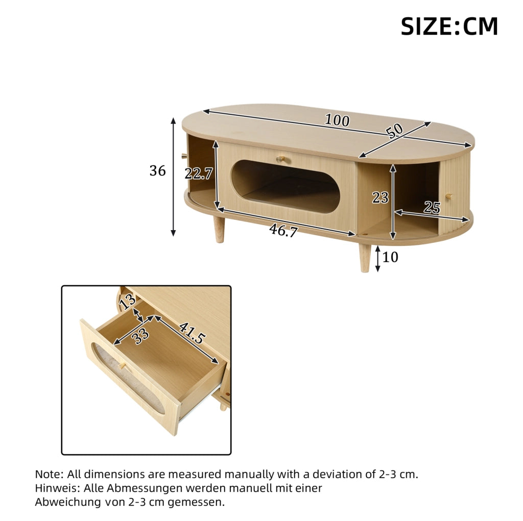 Tavolino da salotto in MDF 100x50x36 cm con cassetto e ante