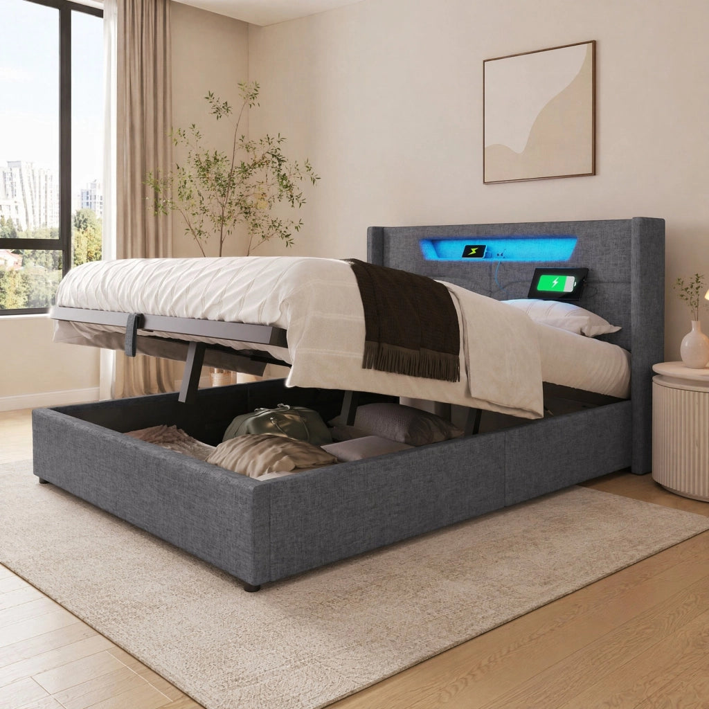 Letto matrimoniale contenitore LED con USB e Type-C 140x200 cm in lino grigio