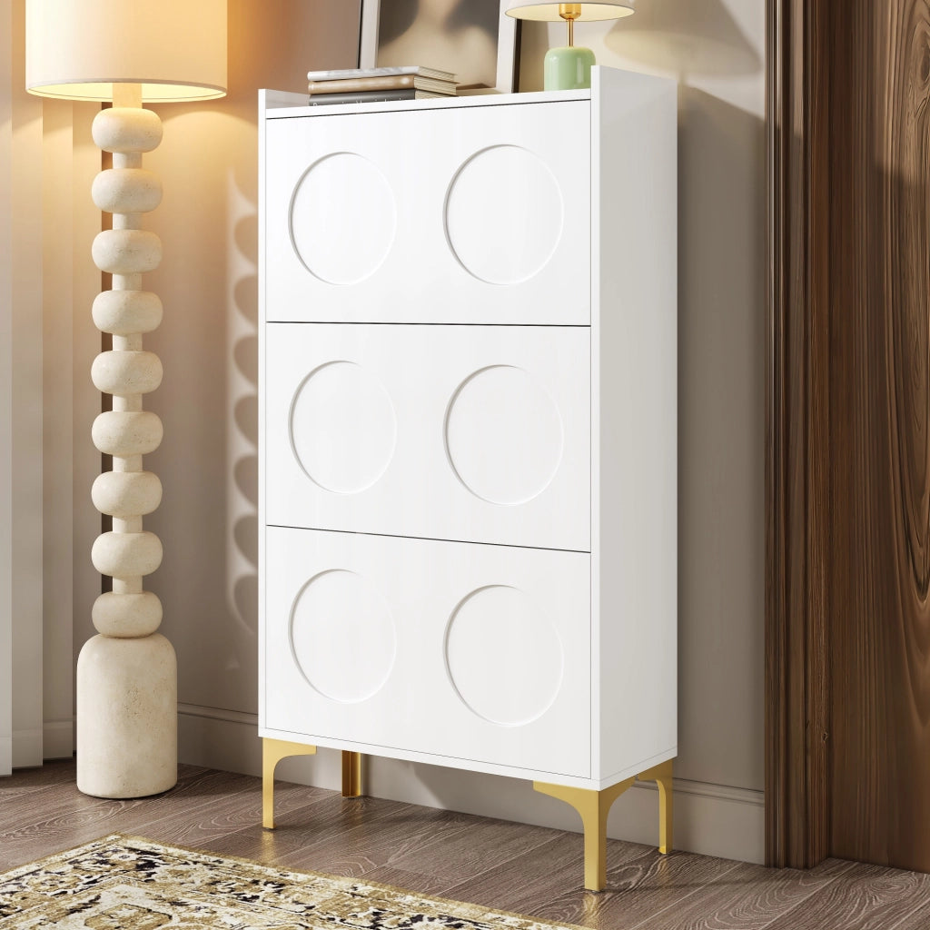 Scarpiera verticale salvaspazio a tre livelli in MDF bianco con gambe in metallo dorato, per ingresso 63 × 24 × 120 cm