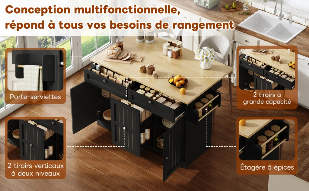 Isola Cucina Mobile con Piano Ribaltabile e Cassetti ¨C MINIMAL ¨C 120x45x92 cm