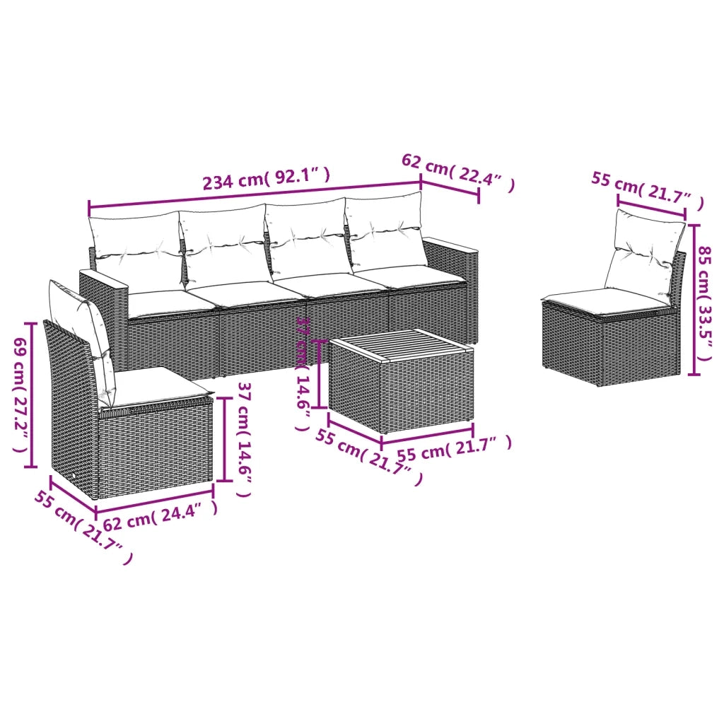 Set Divani da Giardino 7 pz con Cuscini Beige in Polyrattan